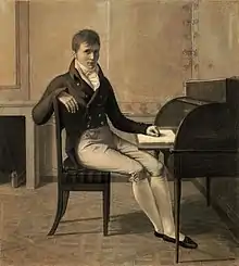 portrait noir et blanc d'un homme assis, habillé style "Empire".