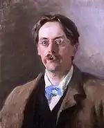 Peinture couleur en buste. Homme, environ 40&nbsp;ans, allure dandy, grosse moustache, vêtements voyants.