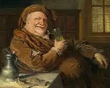 Tableau. Gros homme jovial assis, un verre à la main