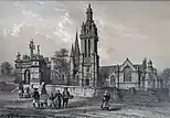 Église et calvaire de Pleyben près Châteaulin (dessin publié dans Félix Benoist, La Bretagne contemporaine, tome Finistère, 1867).