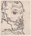 Dessin d'une tête d'homme âgé de trois-quarts face, rides, cheveux, barbe géométrisés par des hachures ou des bouclettes