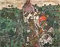 Peinture montrant un groupe de maisons orienté vers le fond du tableau avec de la verdure de chaque côté
