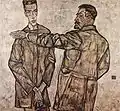 Peinture dans des tons neutres d'un homme de dos tendant le bras gauche devant un autre, de face, plus jeune