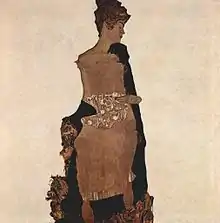 Portrait aux tons neutres d'une femme assise de face, tête de profil, silhouette simplifiée