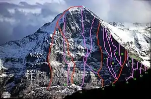 de 1970 à 1988 : 7= Directe du pilier ouest8= Voie tchèque 9= Voie tchèque II 10= Les Portes du Chaos 11= Westgrat (direct, 30 juillet 1980), 12= Nordverschneidung 13= Voie Knez14= Voie Ochsner-Brunner 15= Directissime idéale 16= Spit verdonesque édenté 17= Directissime Piola-Ghilini 18= Hiebeler-Gedächtnisweg 19= Voie slovène 20= Eigersanction 21= Gelber Engel 22= Löcherspiel
