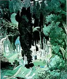 Représentation futuriste d'une nature luxuriante et embrouillée ; couleurs vives aux verts dominants ; art privilégiant la verticalité.