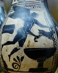 Eros en vol tenant un lièvre, olpé à figures noires (début Ve siècle av. J.-C.).