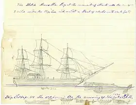 Photographie d'un dessin d'un carnet de voyage représentant un trois-mâts sur l'eau, face à un cachalot.