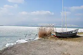 Le lac de Neuchâtel à Estavayer-le-Lac par exceptionnel grand froid (−10&nbsp;°C) et bise soutenue, baie prise par la glace, février 2012.