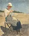 Étienne Buffet, Portrait de Miette, faisant du crochet, assise sur un pliant sur la plage. Mur du Port-Louis dans le fond, 1919.(41 × 33&nbsp;cm)
