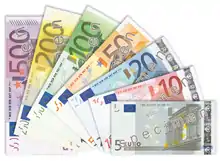 Éventail des billets de la première série par ordre de valeur : le plus gros, de 500 euros, en dessous de tous en haut à gauche ; le plus petit, de 5 euros, au-dessus en bas à droite.