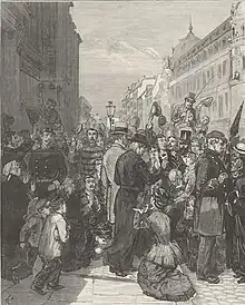 Dessin monochrome représentant un jésuite au bras d'un homme en costume traversant la foule qui encourage et prie. On peut également distinguer des policiers.