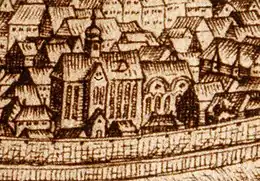 Extrait de gravure montrant une église assez haute dans une ville.