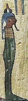 Amset, détail du panneau « Irethorrou fait offrande à Osiris, suivi d'Isis et des quatre fils d'Horus : Amset, Hâpi, Kébehsénouf et Douamoutef », Musée du Louvre.