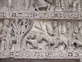 Détail du linteau roman, entrée du Christ à Jérusalem.