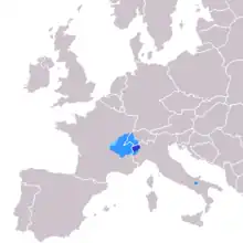 Bleu sombre : reconnaissance officielleBleu moyen : aire traditionnelle de la langueBleu clair : zone de transition.