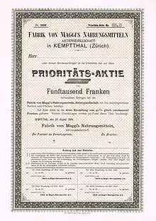 Share des Établissements Maggi en date du 25 août 1894 ; la plus ancienne action connue de cette entreprise.