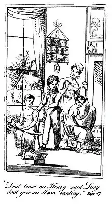 Frontispice d'un ouvrage du XIXe siècle, représentant des enfants qui jouent devant leur mère.