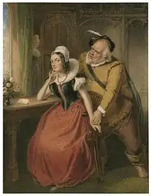 Aquarelle. Un gros homme se penche vers une dame assise. Une autre, cachée, guette