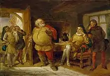 Peinture. Dans une auberge, un gros homme, épée en main, debout devant deux personnes, trois autres pouffant à gauche.