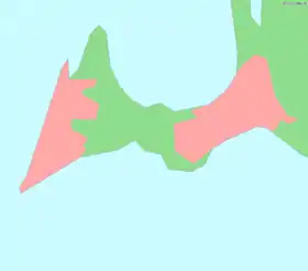 Carte de la péninsule de Falsterbo. Les zones en rose correspondent aux villes de Skanör med Falsterbo (à gauche), de Ljunghusen et de Höllviken (à droite, de part et d'autre du :canal de Falsterbo (en)).