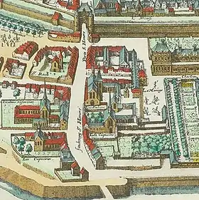 Détail du plan de Mérian de 1615 (le nord à gauche) : la deuxième porte (en haut) du XIVe&nbsp;siècle, le faubourg traversé par la rue Saint-Honoré et le bastion du XVIIe&nbsp;siècle (en bas).