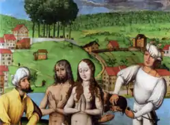Martyre de Felix et Regula (au centre) ainsi que de leur serviteur Exuperantius derrière eux, en fond la place du Lindenhof (peinture par Hans Leu l'Ancien, fin du XVe&nbsp;siècle).