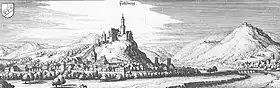 Gravure de Topographia Germaniae par Matthäus Merian le jeune avec Felsberg au centre, Heiligenberg à droite, à l'avant, et la chartreuse d'Eppenberg à droite, à l'arrière, 1655.