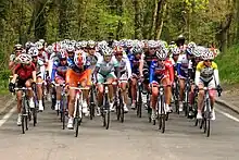 Le peloton des dames lors de La Flèche Wallonne féminine 2010 dans la côte de Ben Ahin.