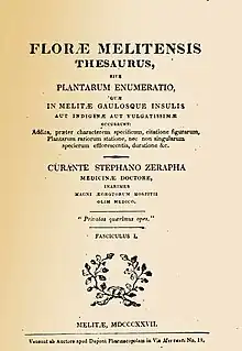 Photographie représentant la page de couverture de l'édition originale en bon état. Le titre principal est en latin sur trois ligne avec en dessous sur neuf lignes le sous titre. Séparé du titre par un trait le nom de l'auteur et sur quatre lignes ses titres et qualification en latin. En dessous encadré de deux traits dessus et dessous une maxime en latin Privatas quaerimus opes. Au-dessus d'une couronne de feuillage l'indication du facicule, ici Facilicus L en dessous de la couronne la date d'édition en chiffres romains. En bas de page l'adresse de l'auteur éditeur