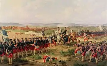 Bataille de Fontenoy Lord Charles Hay et Comte d'Enteroches : Messieurs les anglais tirez les premiers, œuvre du peintre  Henri Félix Emmanuel Philippoteaux, 1873.