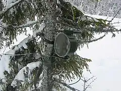 Dissimulée dans un sapin au bord de la route, la mine antichar suédoise Bofors Frdm 14 génère un noyau capable de perforer 60 mm d'acier à blindage à une distance de 30 m.