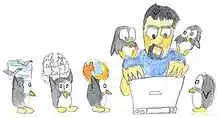 Dessin représentant un homme à son ordinateur entouré de manchots