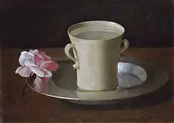 Tasse d'eau et rose sur un plateau d'argentVers 1630 (21 × 30 cm)National Gallery, Londres