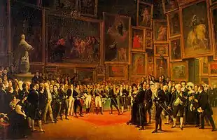 François-Joseph Heim, Charles X distribuant des récompenses aux artistes exposants du salon de 1824 au Louvre le 15 janvier 1825, 1827, Musée du Louvre - Nicolas Gosse est l'un des artistes représentés.
