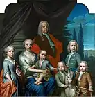 Portrait de Willem Philip Kops (1695-1756), marchand à Haarlem, avec son épouse et ses enfants. huile sur toile, 1738. Dimensions 148&nbsp;cm sur 146,5&nbsp;cm. Amsterdam, Rijksmuseum Amsterdam.