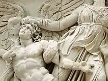 Jeune Géant terrassé par Athéna, détail de la frise du Grand autel de Pergame, IIe&nbsp;siècle&nbsp;av. J.-C., musée de Pergame, Berlin.