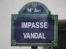 Plaque de rue de l'impasse Vandal, dans le 14e arrondissement de Paris (France)