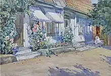 Vue sur la rue avec femme brodeuse et roses trémières