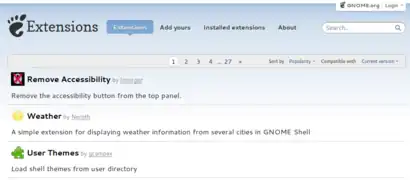 Site web gestionnaire des extensions GNOME Shell (capture d'écran de 2013)