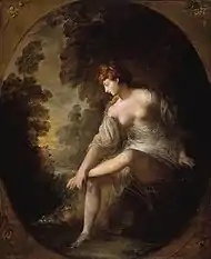 femme à demi dévêtue assise, un pied dans un ruisseau