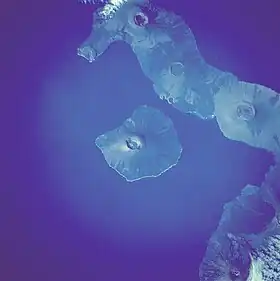 Image satellite de l'île Fernandina (au centre) et d'une partie de l'île Isabela (à droite).
