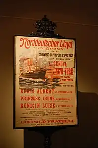 Affiche de la Norddeutscher Lloyd pour Genova - New York en bateau à vapeur au début du XXe siècle.