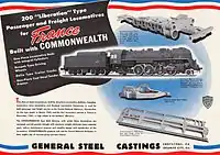 Publicité d'époque de la General Steel Castings&nbsp;(en), fournisseur de châssis monoblocs pour les 141 R.