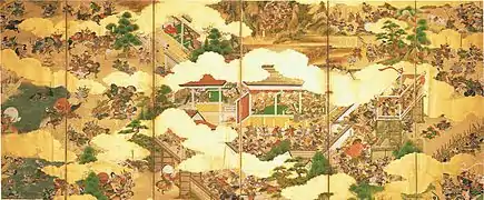 Paravent de gauche à six feuilles (d'une paire) : Scène de la guerre de Genpei (1180-1185), par Kanō Motonobu.