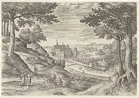 Gravure du prieuré au XVIe&nbsp;siècle par Hans Collaert.