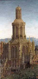 Une église dans le coin supérieur gauche du panneau central inférieur.