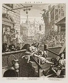 rue encombrée, buveurs à la sortie d'un bar à gin affalés par terre ou sur les marches, au premier plan une femme hébétée laisse échapper de ses genoux son nourrisson, foule alentour hilare ou crispée en des attitudes grotesques