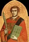 Jeune homme en costume de diacre avec une palme de martyr et un livre