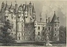 Dessin en noir et blanc représentant un château avec de nombreuses tours.
